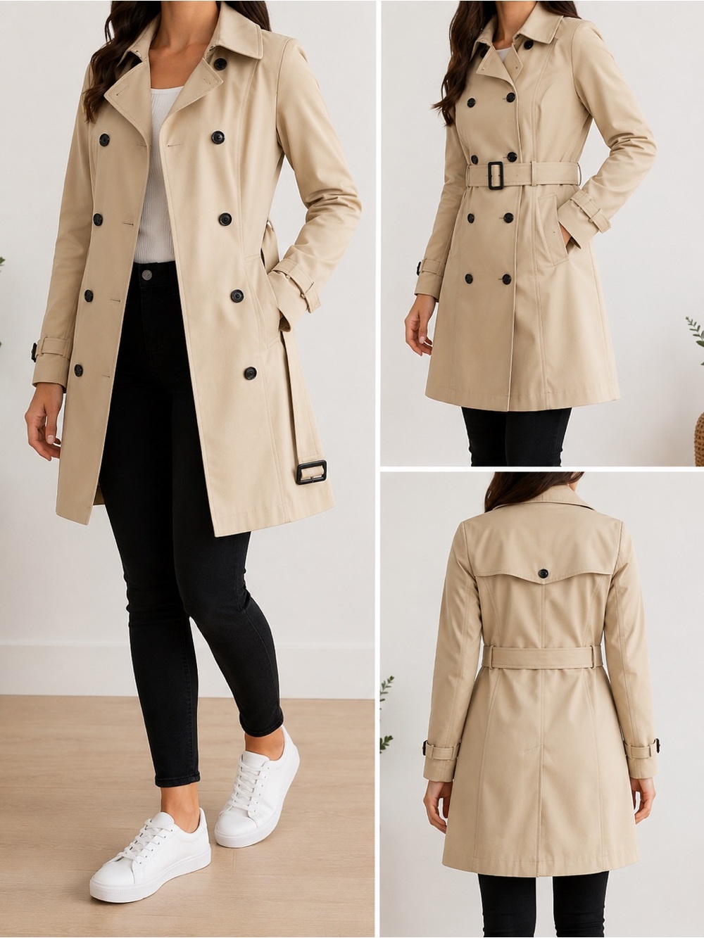 Calvin Klein Beige Double-Breasted Trench Coat with Belt